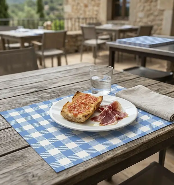 Niebiesko-biała kratka Vichy na drewnianym stole z talerzem tapas na zewnętrznym tarasie.