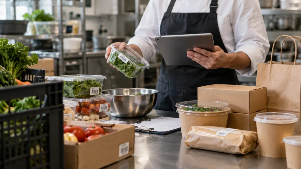 Rodzaje identyfikowalności żywności w restauracji – pracownik kontroluje produkty i dokumentację